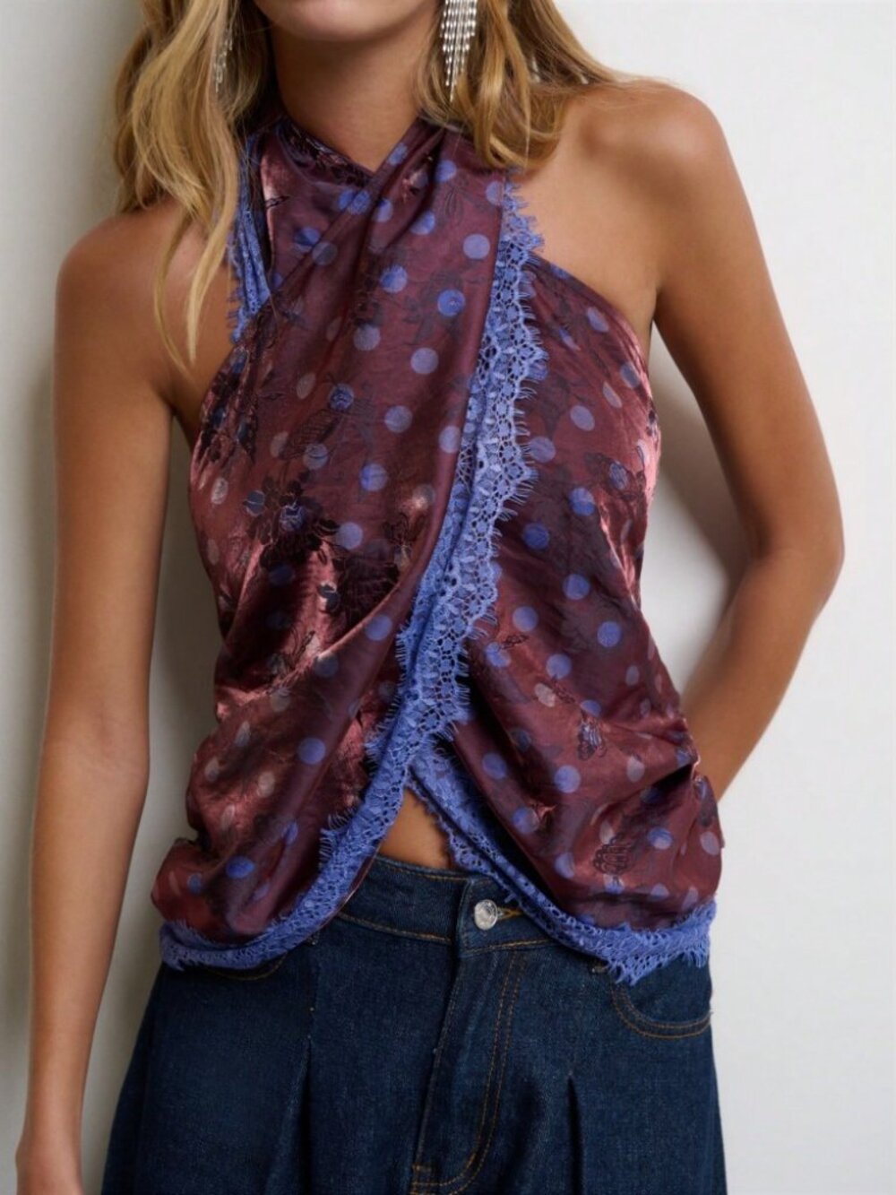 Plum Floral Polka Dot Lace Trim Criss-Cross Wrap Halter Top